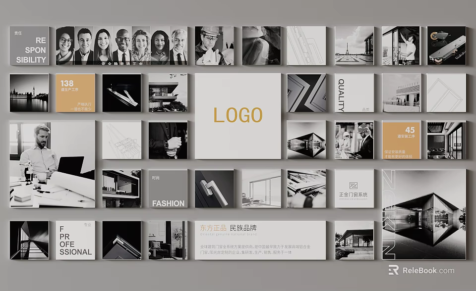 Creative Photo Wall Display With People Architectural Photos Fashion Elements Logo And Stationery 3d model 