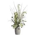 Decorative Bonsai Potted Plant With Green Leaves White Flowers And Grasses