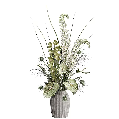 Decorative Bonsai Potted Plant With Green Leaves White Flowers And Grasses 3d model