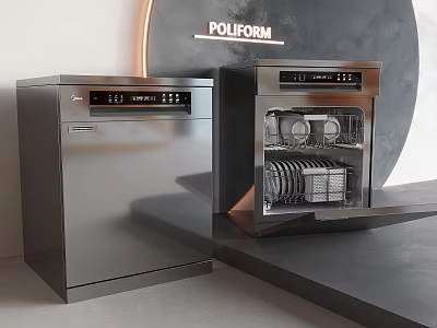 POLIFORM Stainless Steel Dishwashers With Open Door Showing Interior Racks And Dishes Modern 3d model