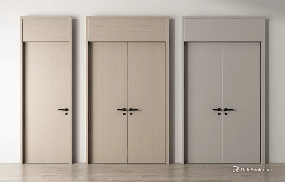 Light Tone Modern Double Doors With Wooden Texture And Minimalist Design 3d model 