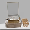 Wooden Bathroom Vanity Set With Golden Sink Mirror Cabinet And Storage Basket