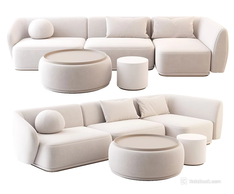 Modern White Sofa and Coffee Table Set with Round Tables and Plush Cushions 3d model 