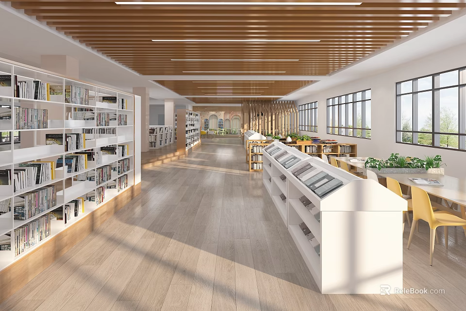 Library Interior Design With Bookshelves Display Stands And Natural Light 3d model 