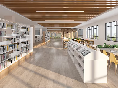 Library Interior Design With Bookshelves Display Stands And Natural Light 3d model