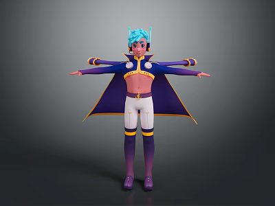 Anime Character 3D Model With Blue Green Hair Purple Cape And Open Arms Pose 3d model