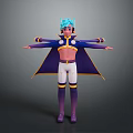 Anime Character 3D Model With Blue Green Hair Purple Cape And Open Arms Pose