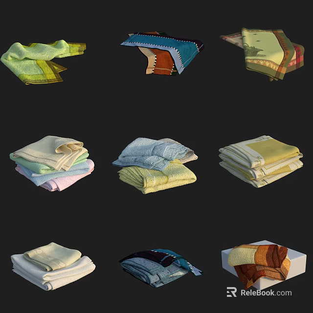 Colorful Soft Bath Towels And Hand Towels Stacked For Bathroom Accessories 3d model 