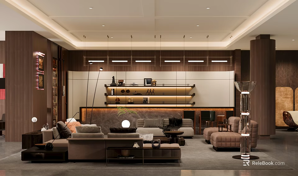 Modern Luxury Clubhouse Interior With Comfortable Sofas Coffee Tables And Pendant Lights 3d model 