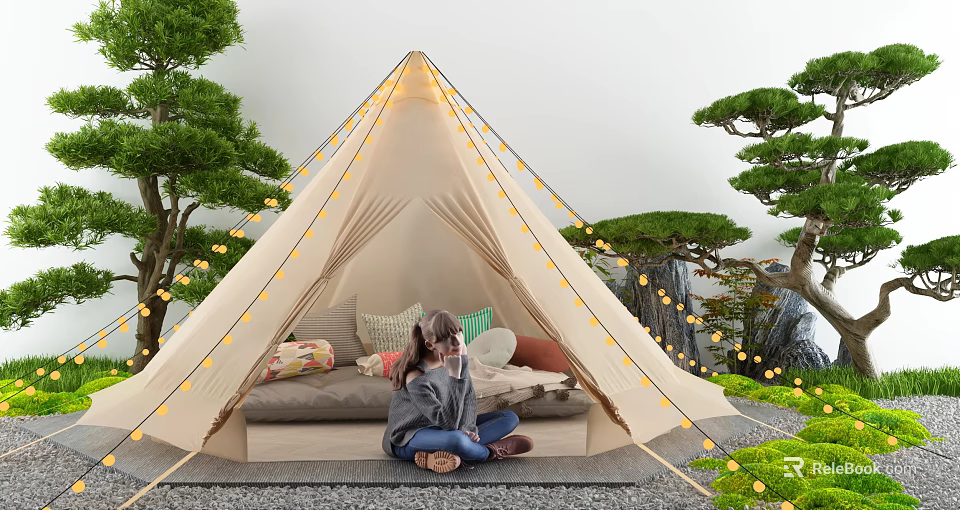 Beige Pyramid Tent With String Lights Sofa Cushions Green Plants And Girl Sitting Outside 3d model 