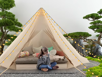 Beige Pyramid Tent With String Lights Sofa Cushions Green Plants And Girl Sitting Outside 3d model
