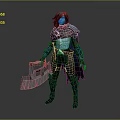 Game Fantasy Warrior Character With Teal Skin Black Hair Red Scarf Armor Holding Large Axe