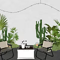 Cozy Outdoor Chairs With Side Table String Lights And Cactus Plants Under Sunset Glow 3d model
