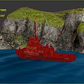 Vintage Wooden Tugboat Sailing On Blue Water Near Rocky Hills With Green Moss