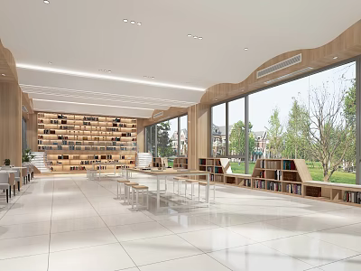 Modern Library Aesthetic Interior With Bookshelves And Large Windows 3d model