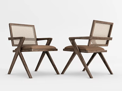 Modern Style Dining Chairs With Wooden Frame Rattan Backrest And Armrest Design 3d model