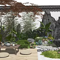 Courtyard Garden Landscape with Red Maple Tree Bamboo Rockery Waterfall Stone Stools and Wooden Table