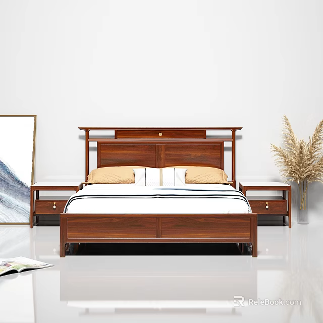 Solid Wood Double Bed With Headboard Matching Bedside Tables And Dried Plant Decor 3d model