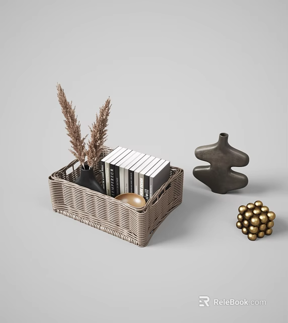 Elegant Ornament Set with Woven Basket Books Dried Plants Black Vase Sculpture And Golden Spheres 3d model 