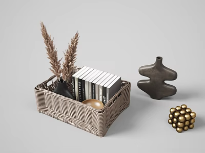 Elegant Ornament Set with Woven Basket Books Dried Plants Black Vase Sculpture And Golden Spheres 3d model