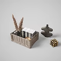 Elegant Ornament Set with Woven Basket Books Dried Plants Black Vase Sculpture And Golden Spheres