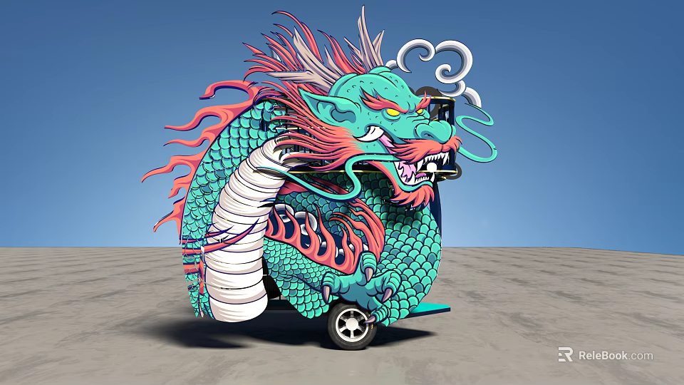 Artistic Vehicle Decorated With Vibrant Green Red Dragon Design On Gray Ground 3d model 