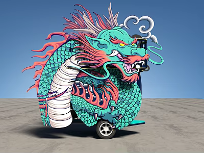 Artistic Vehicle Decorated With Vibrant Green Red Dragon Design On Gray Ground 3d model