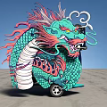 Artistic Vehicle Decorated With Vibrant Green Red Dragon Design On Gray Ground