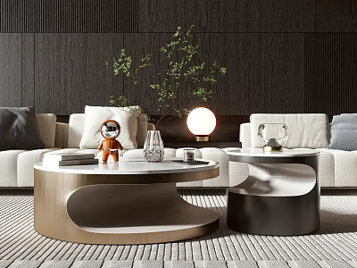 Modern Coffee Table With Marble Top Metal Frame Astronaut Figurine Plants Lamp In Living Room 3d model