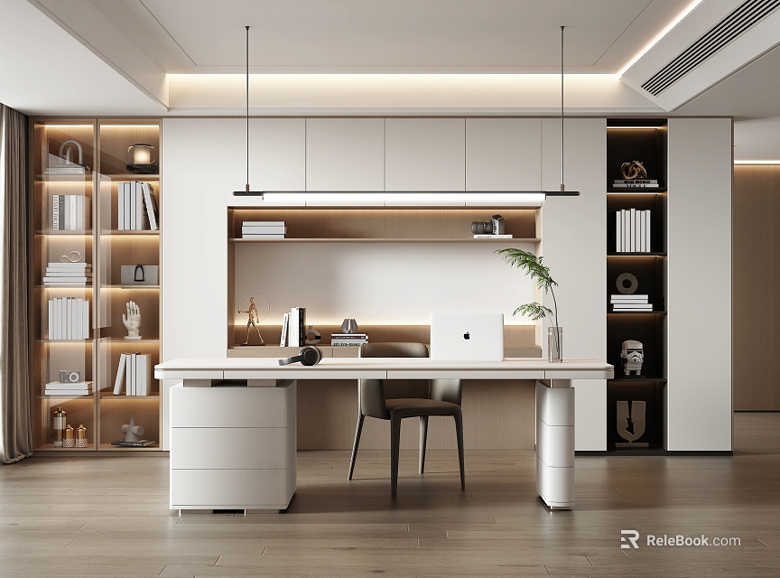 Modern Study Room Interior Design With White Desk Laptop Bookshelves And Pendant Lights 3d model 