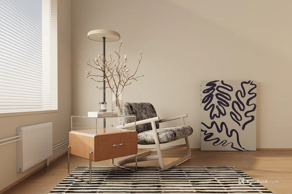 Modern Single Sofa With Wooden Side Table Lamp Decorative Branches And Black White Abstract Painting 3d model 