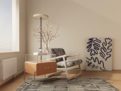 Modern Single Sofa With Wooden Side Table Lamp Decorative Branches And Black White Abstract Painting 3d model