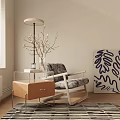 Modern Single Sofa With Wooden Side Table Lamp Decorative Branches And Black White Abstract Painting