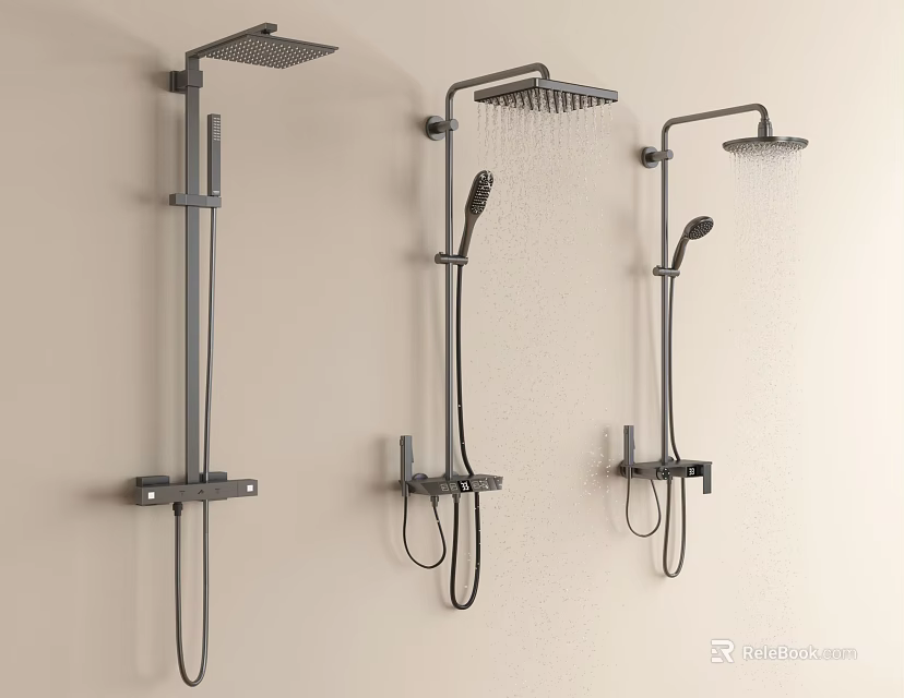 Three Modern Wall Mounted Shower Systems With Handheld Sprayers And Overhead Heads 3d model