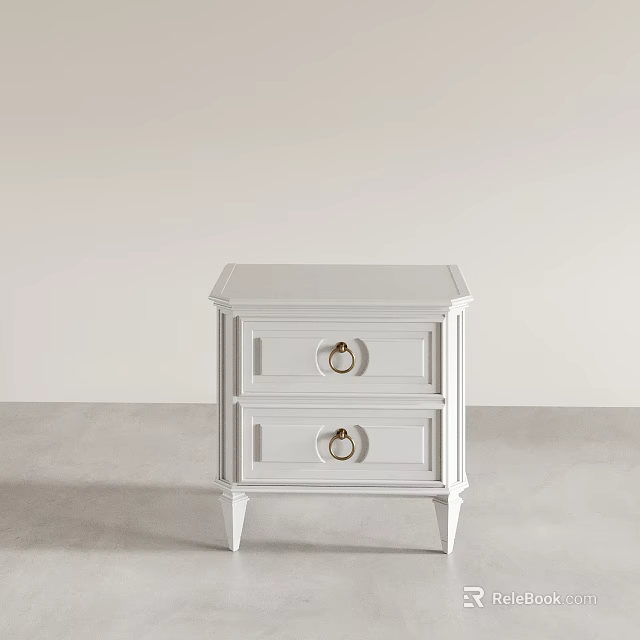 White Modern Bedside Table With Two Drawers And Gold Ring Handles 3d model