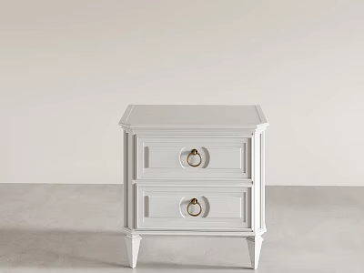 White Modern Bedside Table With Two Drawers And Gold Ring Handles 3d model