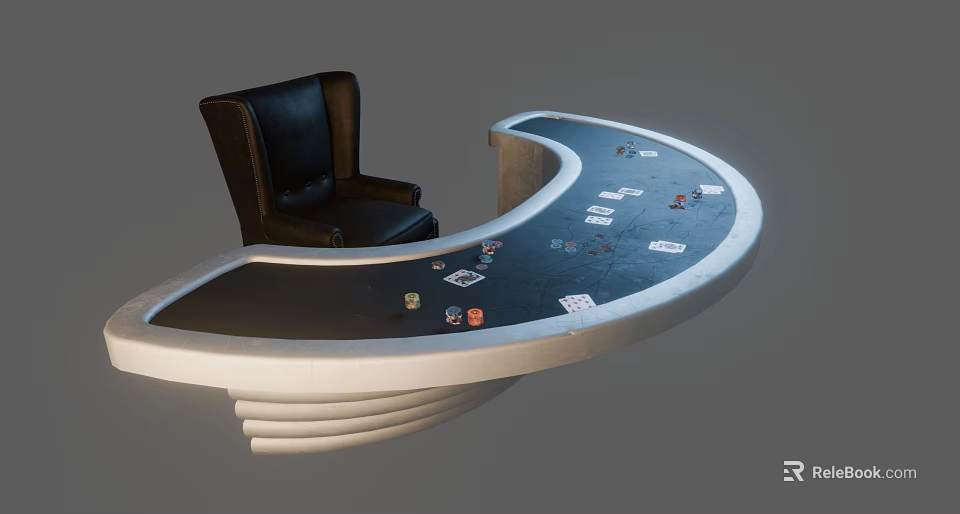 Modern Entertainment Table with Black Leather Chair Playing Cards and Chips 3d model 
