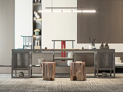 Modern Chinese Tea Room Interior With Wooden Tea Table Stools Hanging Lamp And Decorative Shelf 3d model