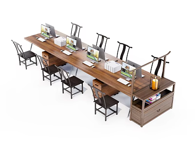 Long Wooden Office Desk With Multiple Computers Black Chairs And Office Supplies 3d model