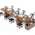 Long Wooden Office Desk With Multiple Computers Black Chairs And Office Supplies