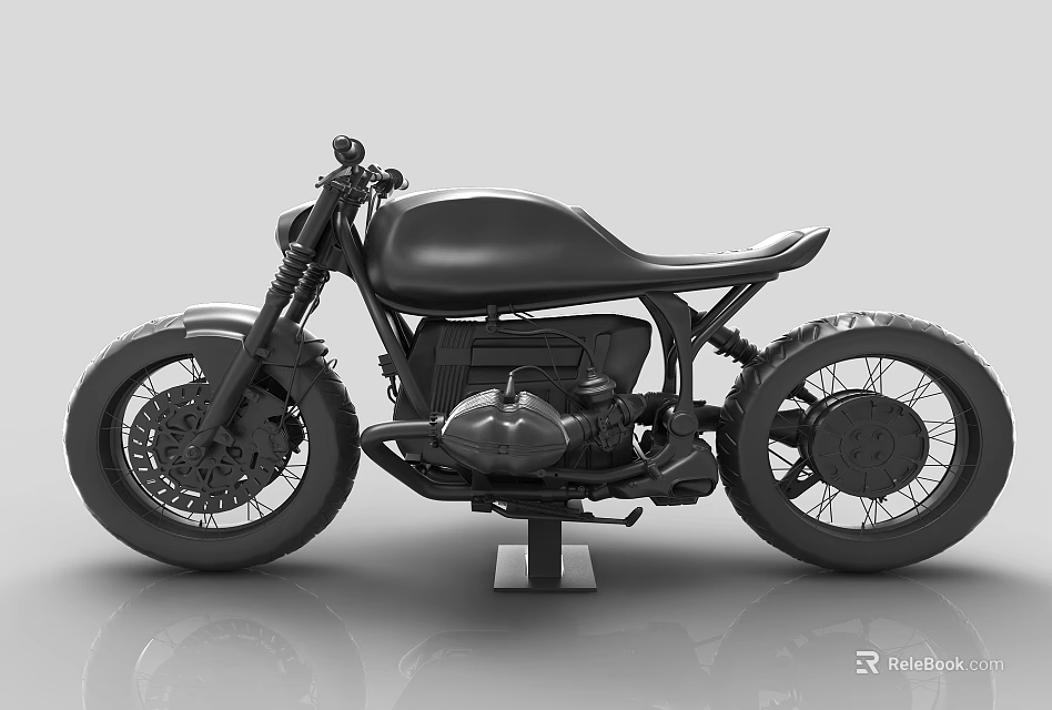 Matte Black Retro Motorcycle With Single Seat Round Headlight And Display Stand 3d model 