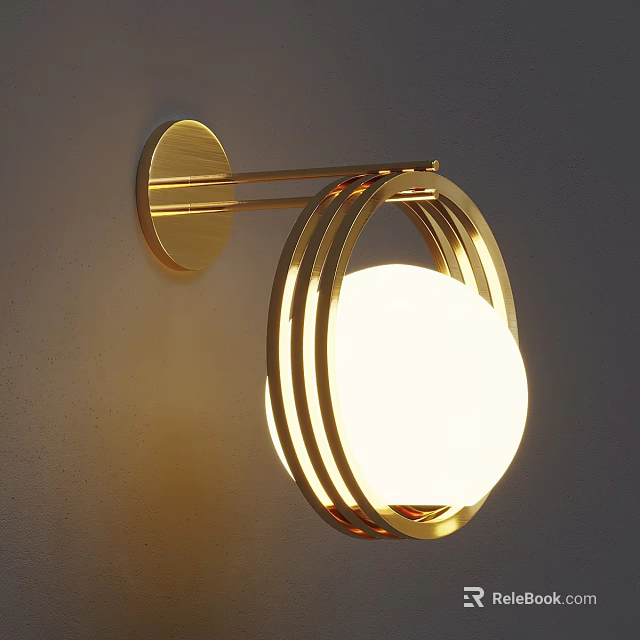 Elegant Modern Golden Circular Wall Lamp Featuring White Spherical Shade 3d model 