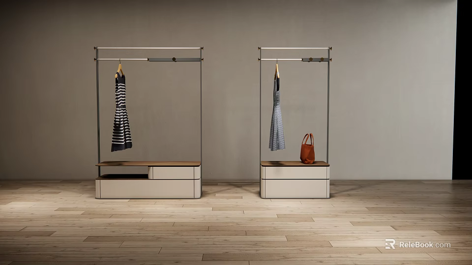Modern Clothing Boutique Display With Hanging Dresses Racks And Brown Handbag 3d model 