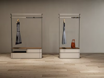 Modern Clothing Boutique Display With Hanging Dresses Racks And Brown Handbag 3d model
