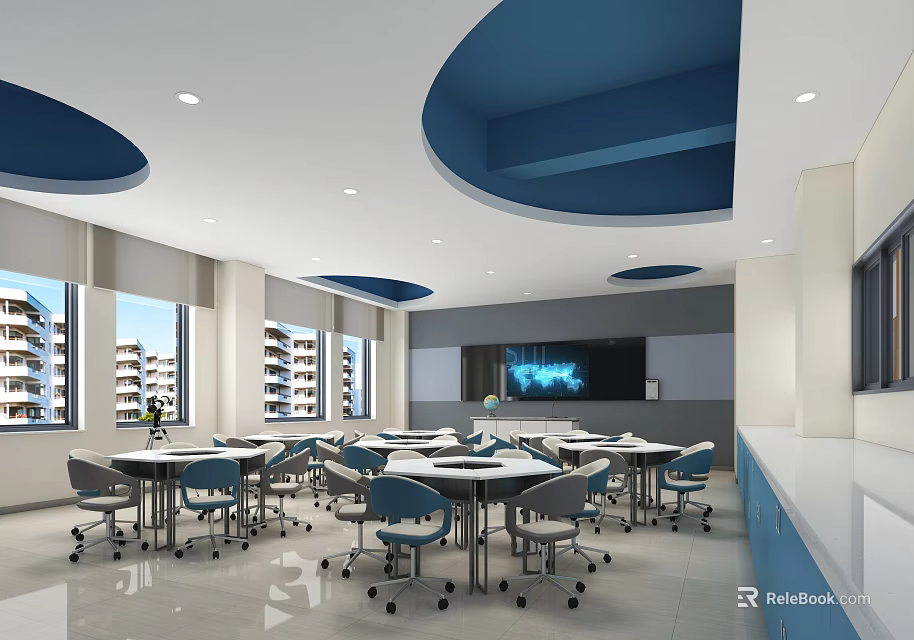 Modern School Learning Space With Blue Ceiling Design Round Tables And Rolling Chairs 3d model