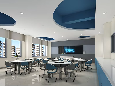 Modern School Learning Space With Blue Ceiling Design Round Tables And Rolling Chairs 3d model