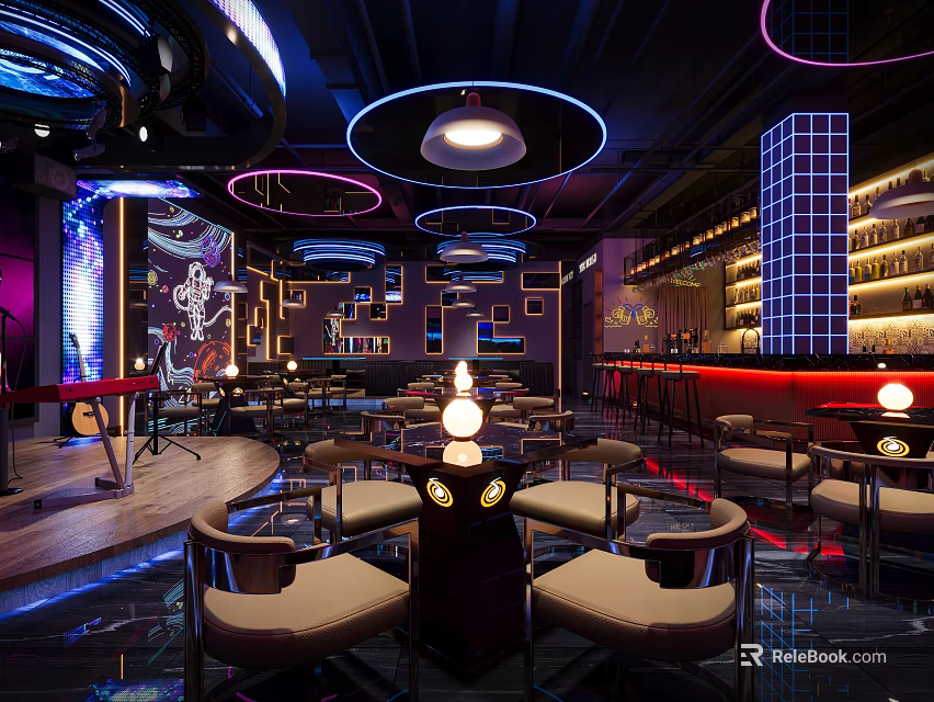 Modern Bar Interior with Circular LED Lights Pendant Lamps Graffiti Decor Seating and Bar Counter 3d model 