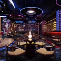Modern Bar Interior with Circular LED Lights Pendant Lamps Graffiti Decor Seating and Bar Counter