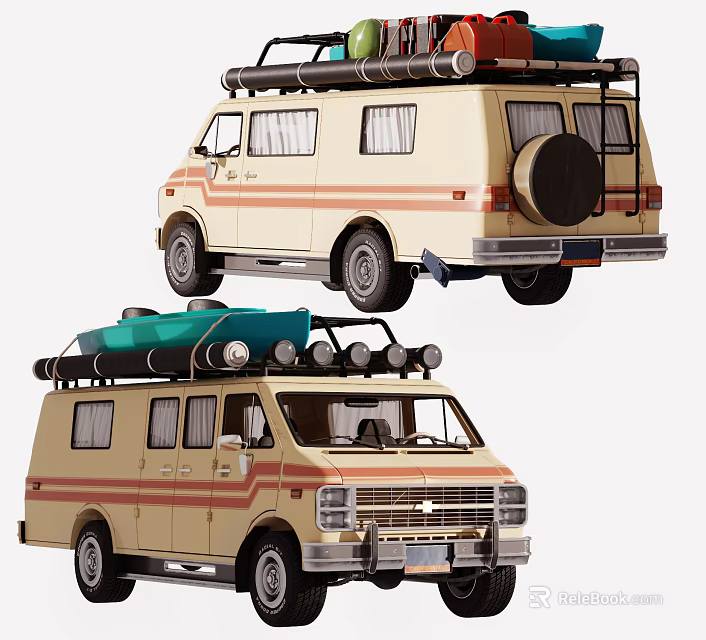 Vintage Camper Vans With Roof Racks Surfboards And Classic Striped Design 3d model 