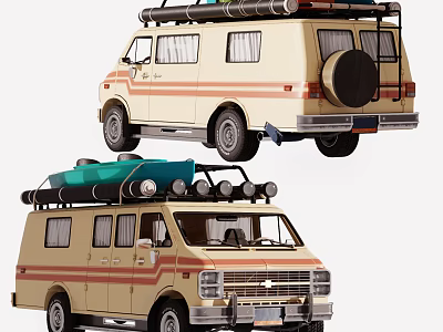 Vintage Camper Vans With Roof Racks Surfboards And Classic Striped Design 3d model